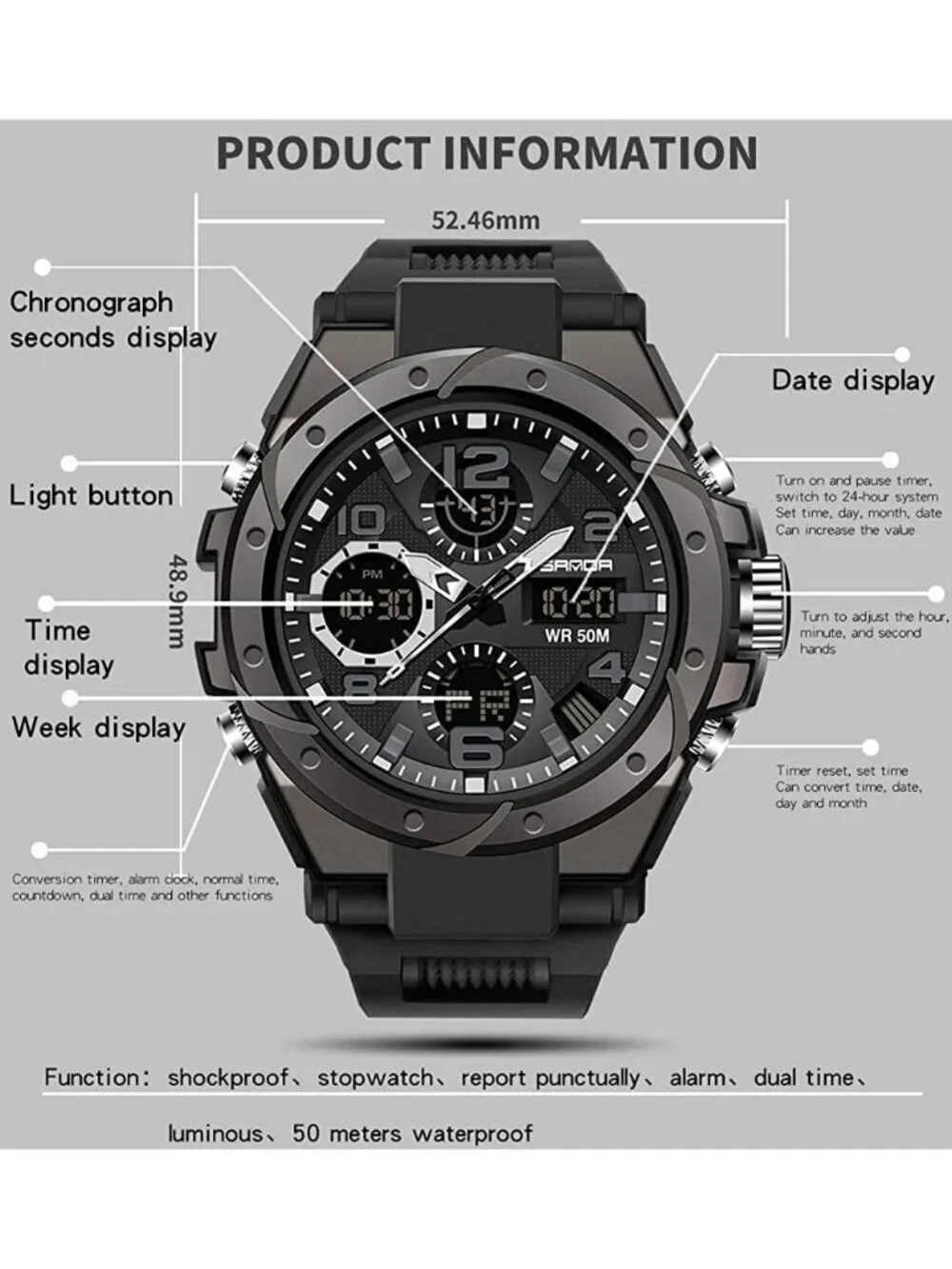 Men's Black Blue Analog Quartz Sport Waterproof Military Tactical Digital Watch